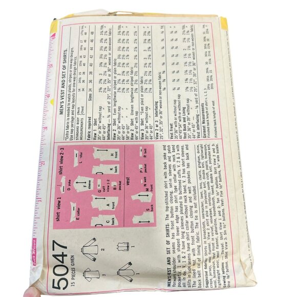Simplicity 5047 Mens Vintage Sewing Pattern For Shirts & Vest Size 42 - Picture 2 of 2